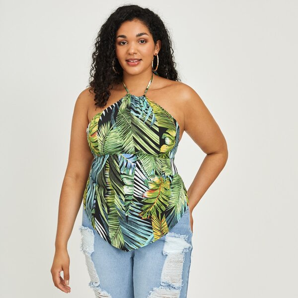 

Plus Tropical Knot Backless Halter Top, Multicolor