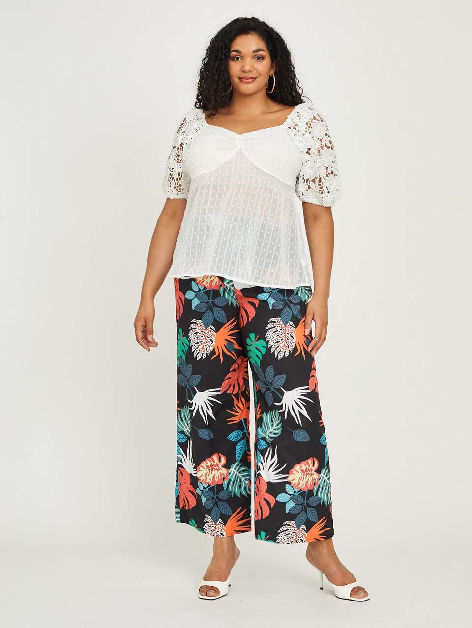 Plus Swiss Dot Contrast Lace Sleeve Blouse