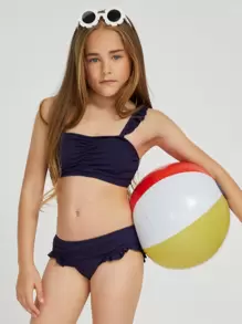 SHEIN 少女荷叶边褶饰比基尼套装夏日海滩 - 藏蓝色 - 查看 1