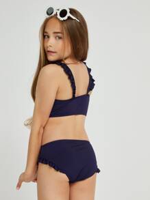 SHEIN 少女荷叶边褶饰比基尼套装夏日海滩 - 藏蓝色 - 查看 2