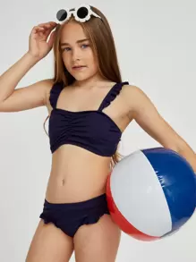 SHEIN 少女荷叶边褶饰比基尼套装夏日海滩 - 藏蓝色 - 查看 5