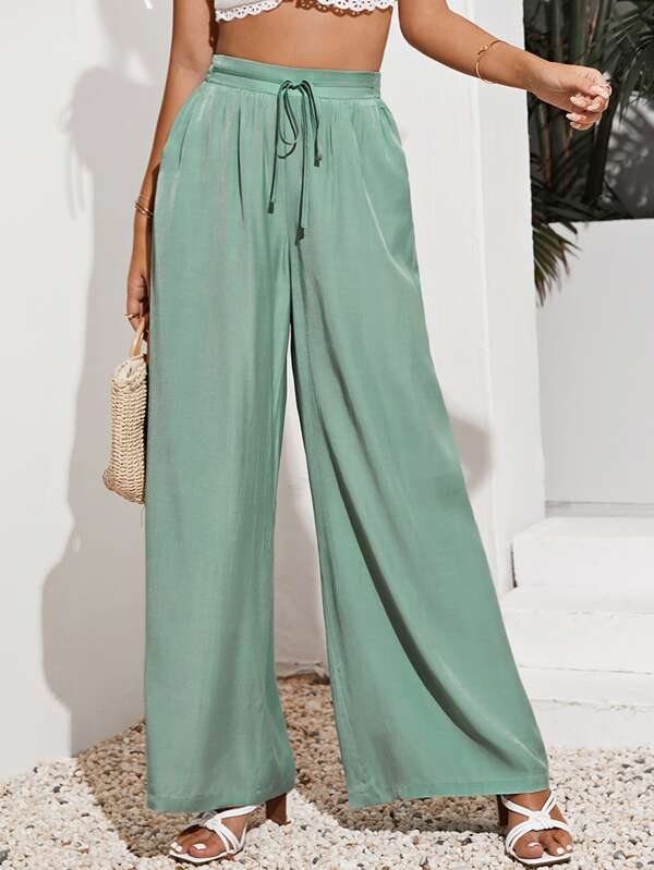 SHEIN Frenchy Solid Wide Leg Tie Front Trousers