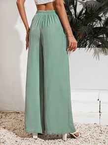 SHEIN Frenchy Solid Wide Leg Tie Front Pants Winter Green Casual Christmas - Mint Green - View 2