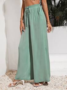 SHEIN Frenchy Solid Wide Leg Tie Front Pants Winter Green Casual Christmas - Mint Green - View 3