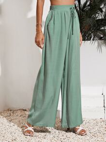 SHEIN Frenchy Solid Wide Leg Tie Front Pants Winter Green Casual Christmas - Mint Green - View 4