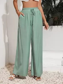 SHEIN Frenchy Solid Wide Leg Tie Front Pants Winter Green Casual Christmas - Mint Green - View 6