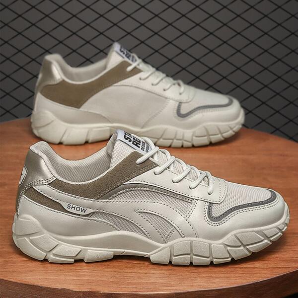 

Men Mesh Panel Lace-up Front Sneakers, Beige