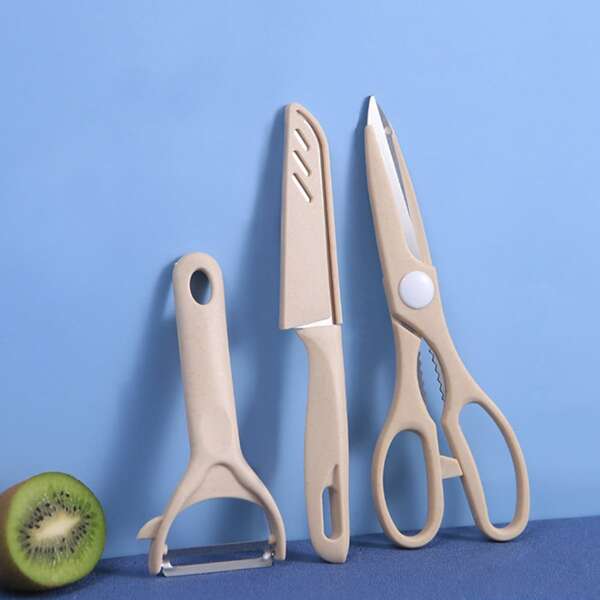 

3pcs Peeler & Fruit Knife & Scissors Set, Beige