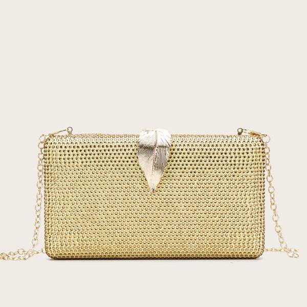 

Metal Leaf Decor Allover Rhinestone Box Bag, Gold