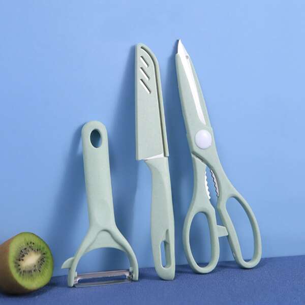 

3pcs Peeler & Fruit Knife & Scissors Set, Mint green