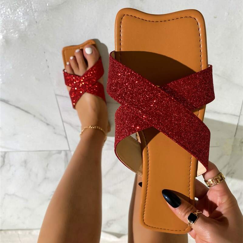 

Cross Strap Glitter Slide Sandals, Red