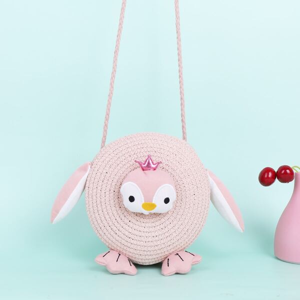 

Girls Cartoon Decor Straw Crossbody Bag, Pink