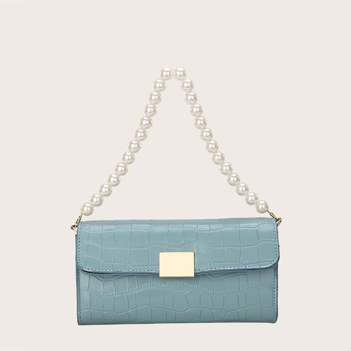 

Faux Pearl Strap Croc Embossed Baguette Bag, Blue