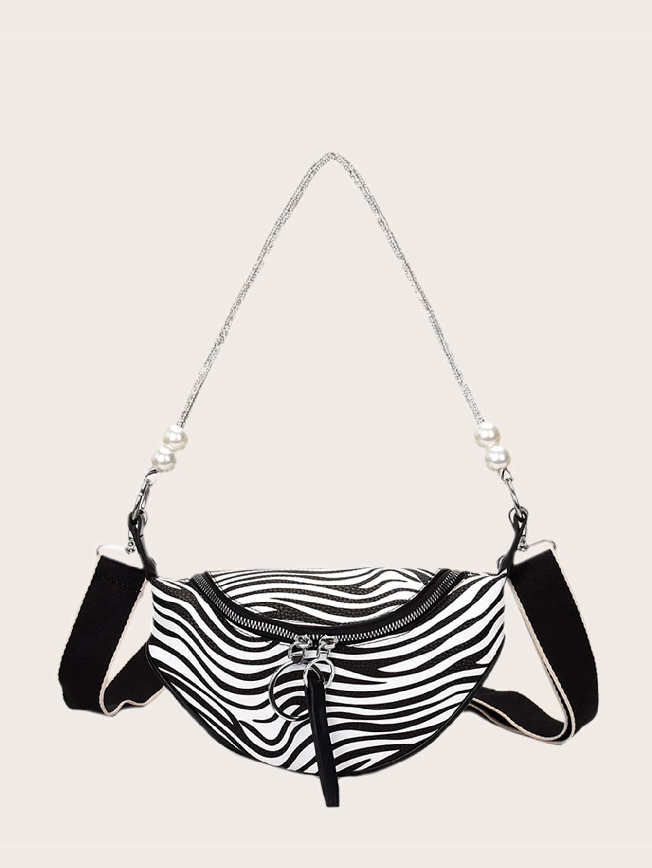 Zebra Striped Bum Bag - Black and White - View 1
