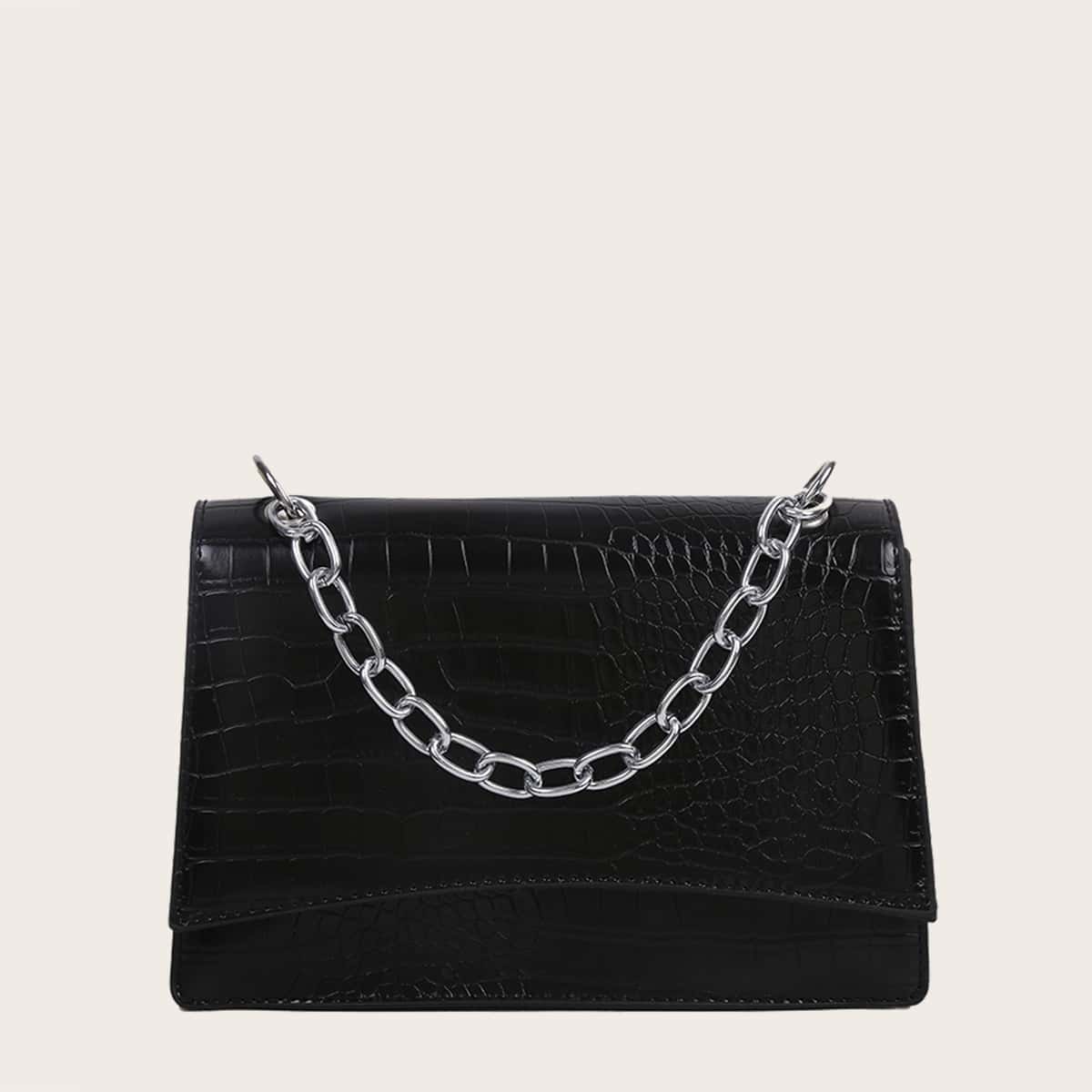 

Croc Embossed Chain Satchel Bag, Black
