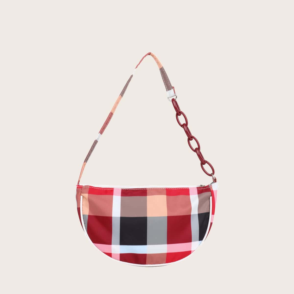 

Plaid Baguette Bag, Red