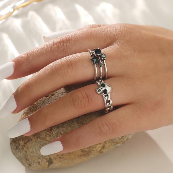 

2pcs Rhinestone Detail Ring, Silver
