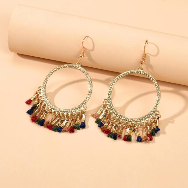 

Tassel Decor Round Drop Earrings, Gold