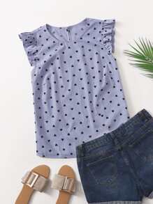 SHEIN VCAY Plus Striped And Heart Print Ruffle Trim Blouse - Dusty Blue - View 1