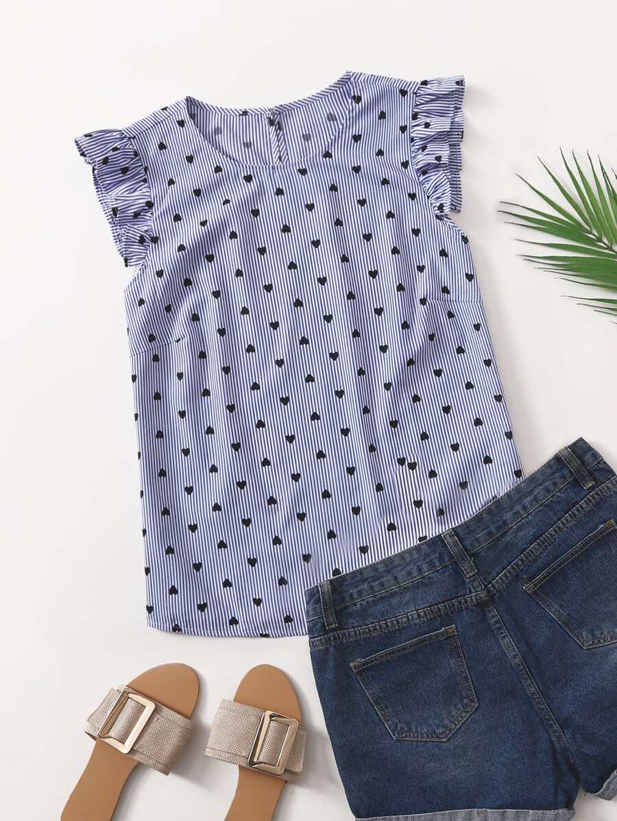 SHEIN VCAY Plus Striped And Heart Print Ruffle Trim Blouse - Dusty Blue - View 1