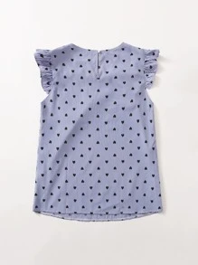 SHEIN VCAY Plus Striped And Heart Print Ruffle Trim Blouse - Dusty Blue - View 2