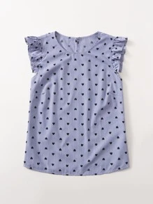 SHEIN VCAY Plus Striped And Heart Print Ruffle Trim Blouse - Dusty Blue - View 3