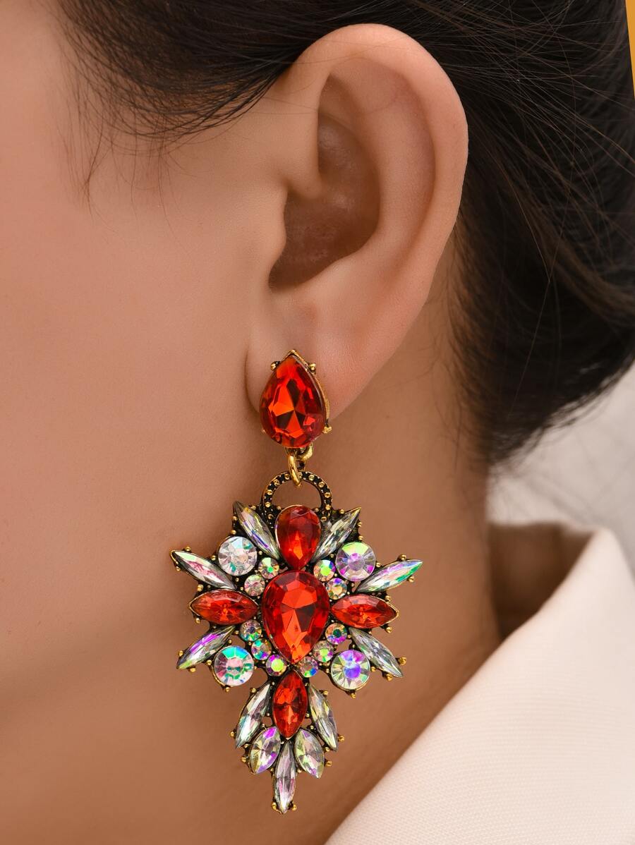 Rhinestone Drop Earrings - Red - View 1