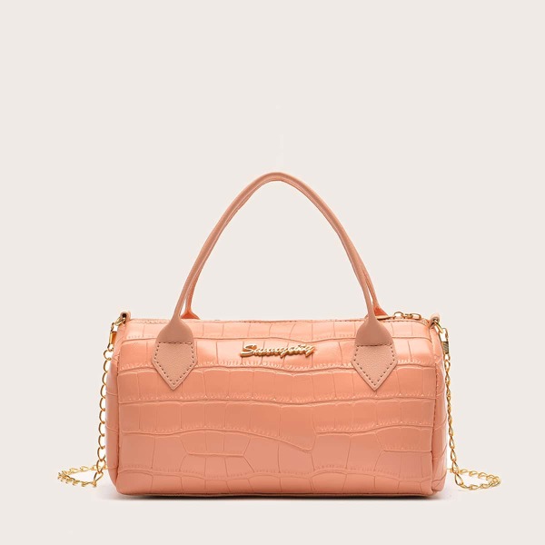 

Metal Letter Decor Croc Embossed Boston Bag, Coral pink