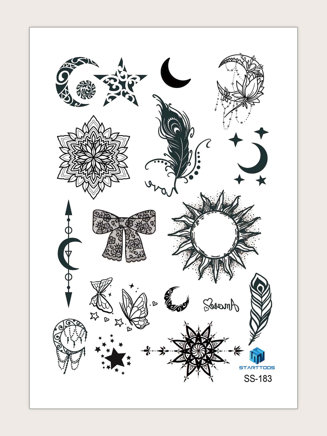 1 folha de etiqueta de tatuagem de padrão de lua - Preto - Visão 1