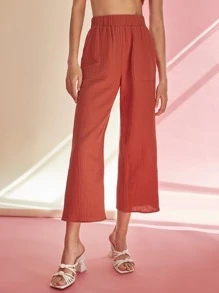 SHEIN 彈性腰身傾斜貼布口袋寬管褲子 - 紅色 - 查看 1