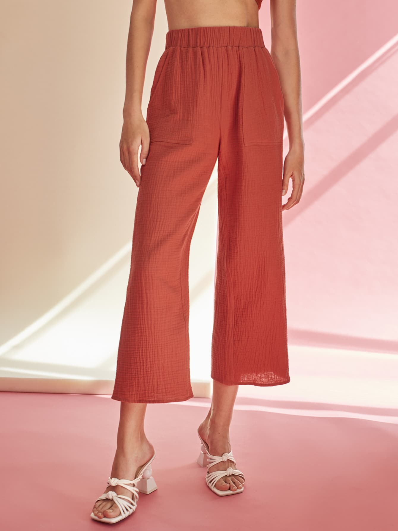 SHEIN 彈性腰身傾斜貼布口袋寬管褲子 - 紅色 - 查看 1
