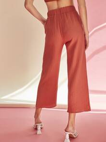 SHEIN 彈性腰身傾斜貼布口袋寬管褲子 - 紅色 - 查看 2