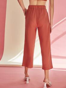 SHEIN 彈性腰身傾斜貼布口袋寬管褲子 - 紅色 - 查看 4
