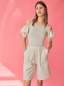 SHEIN Unity Cold Shoulder Puff Sleeve Rib-knit Top - Apricot - View 1