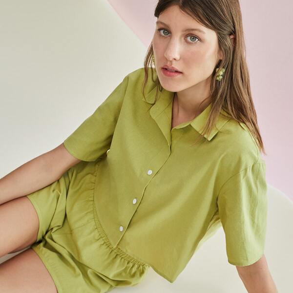 

Collared Buttoned Front Blouse, Lime green