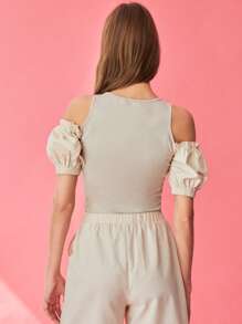 SHEIN Unity Cold Shoulder Puff Sleeve Rib-knit Top - Apricot - View 2