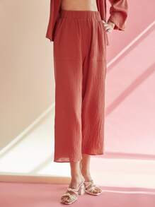 SHEIN 彈性腰身傾斜貼布口袋寬管褲子 - 紅色 - 查看 6