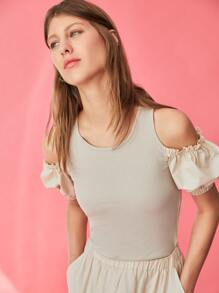 SHEIN Unity Cold Shoulder Puff Sleeve Rib-knit Top - Apricot - View 3