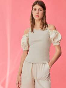 SHEIN Unity Cold Shoulder Puff Sleeve Rib-knit Top - Apricot - View 5