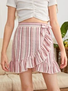 SHEIN 女孩荷葉邊下擺條紋半身裙 - 彩色 - 查看 1