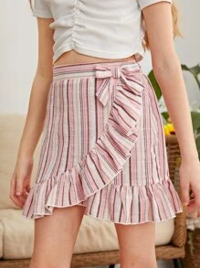 SHEIN 女孩荷葉邊下擺條紋半身裙 - 彩色 - 查看 5