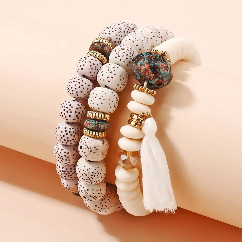 

3pcs Tassel Beaded Bracelet, Multicolor