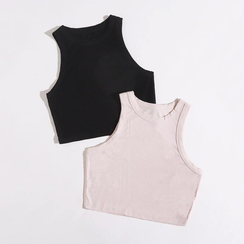 

2pcs Solid Ribbed Tank Top, Multicolor