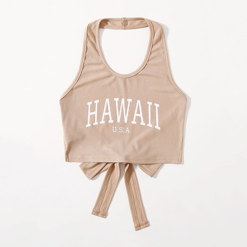 

Letter Bow Back Ribbed Halter Top, Apricot