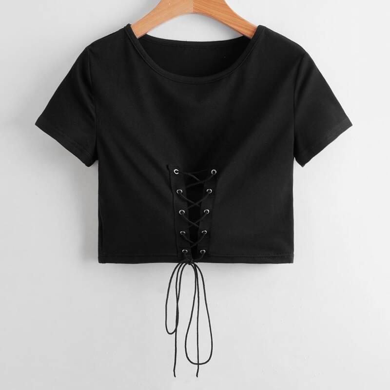 

Solid Lace Up Crop Tee, Black
