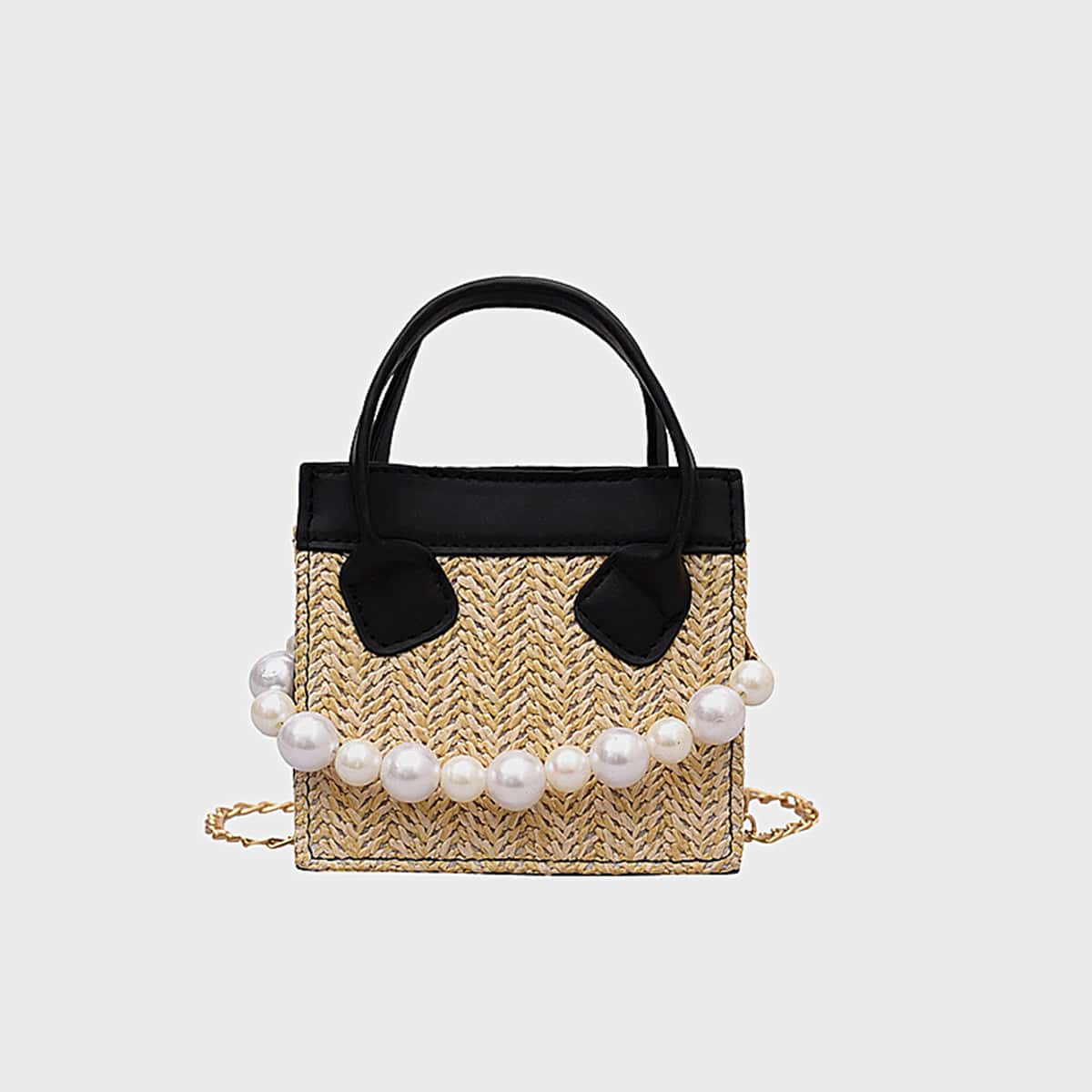 

Colorblock Straw Satchel Bag, Khaki