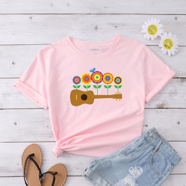 

Floral And Guitar Print Tee, Baby pink