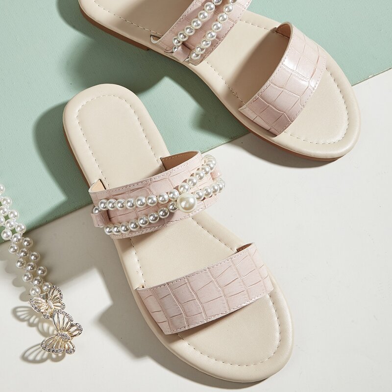 

Faux Pearl Decor Croc Embossed Slide Sandals, Pink