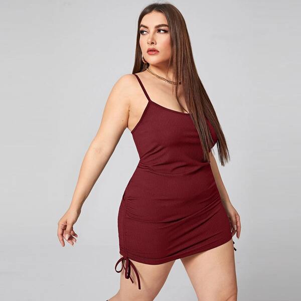 

Plus Drawstring Side Rib-knit Cami Dress, Burgundy