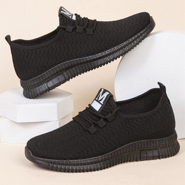 

Lace-up Decor Knit Sneakers, Black